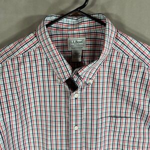 L.L. Bean Men Button Down Shirt Plaid Cotton Red White Blue Size 18 - 36 Cotton